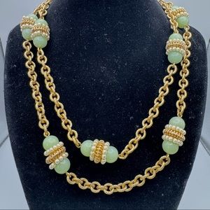 J.CREW Glass Jade Beads Pearl And Gold Halo Station Gold Tone Long Necklace 34”